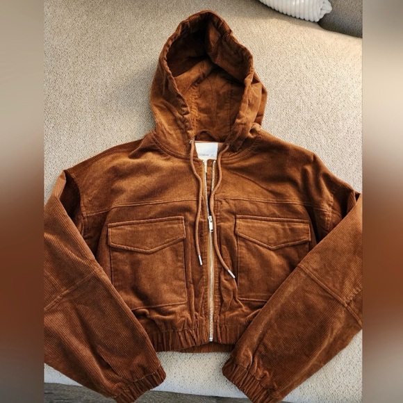 Avec Les Filles Jackets & Blazers - Avec Les Filles Brown Corduroy Hooded Bomber Jacket